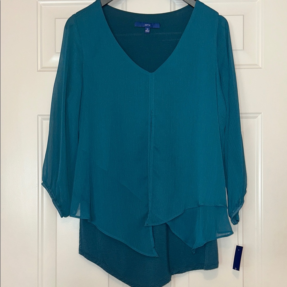 Apt. 9 Layered V-Neck Women’s Top M Teal NWT Pullover Sheer Sleeve Casual